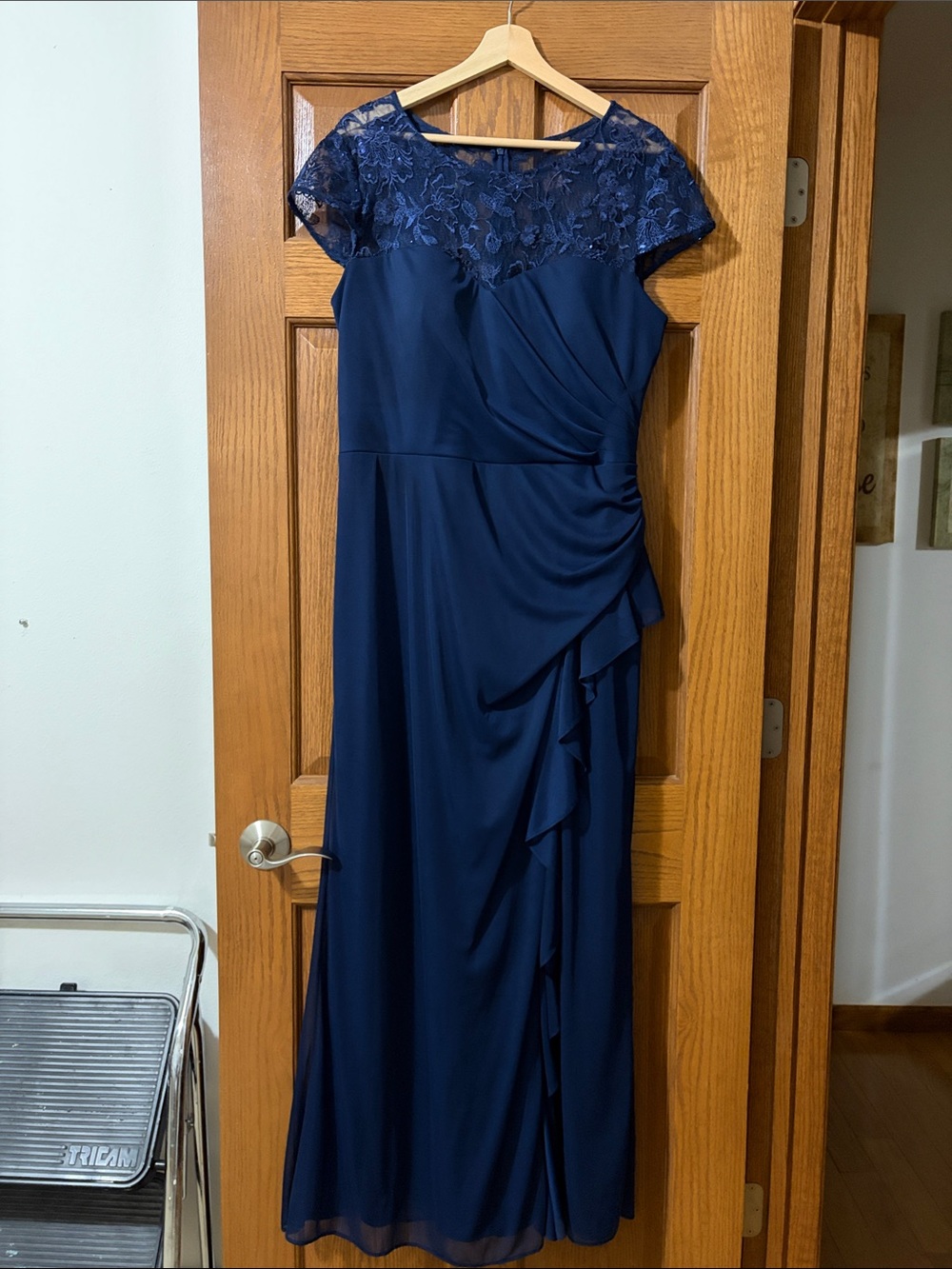Alex Evenings Navy Cap-Sleeve Lace Yoke Maxi Dress